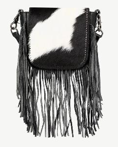 Montana West Genuine Leather Hair-On Collection Fringe Crossbody - Black & White