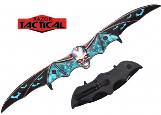Wholesale Skull Bat Double Blade Knife Blue