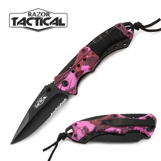 Knife w/ABS Handle with Black Rope Wrapped, 4.5" Pink Camo