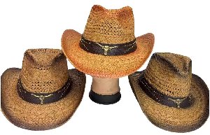 Straw Cowboy Hat with Metal Cow Centerpiece