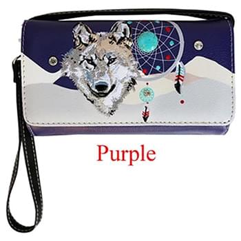 Wholesale Wallet Purse Long Strap Wolf with Dream Catcher Purple
