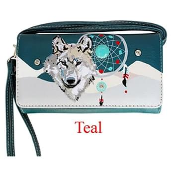 Wholesale Wallet Purse Long Strap Wolf with Dream Catcher Teal