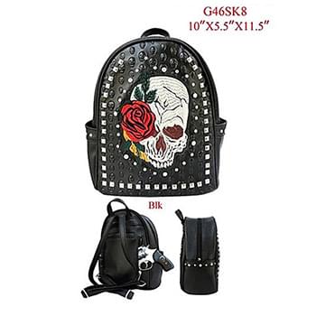 Wholesale Rhinestone Skull Studded Backpack with Rose Black