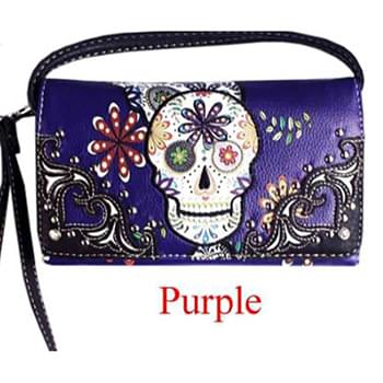 Wholesale Purple Sugar Skull Wallet Purse with long strap