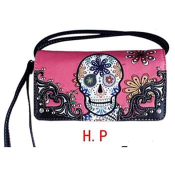 Wholesale Pink Sugar Skull Wallet Purse with long strap