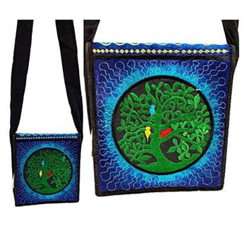 silk embroidered tree of life with multicolor birds blue sling