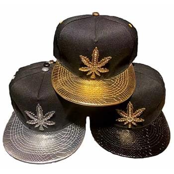 Wholesale Rhinestone Metal Sign Marijuana Snapback Hat