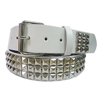 3 row silver pyramid on white belts adult sizes