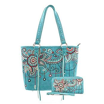 Wholesale Montana West embroidered floral handbag turquoise