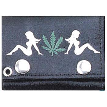 Wholesale Marijuana Leaf Two Ladies Trifold Leather Chain Wallet