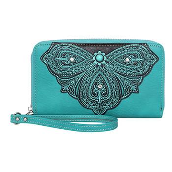 Montana west Rhinestone Embroidery Flower Wallet Turquoise Black