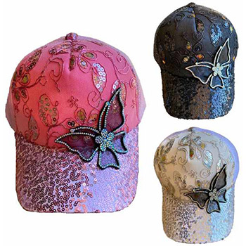 Wholesale Sequins and Rhinestone Baseball Cap/Hat Butterfly Mesh
