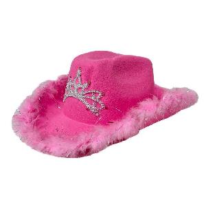 Ladies Felt Cowboy Hat with Tiara and Feather Edge-PINK