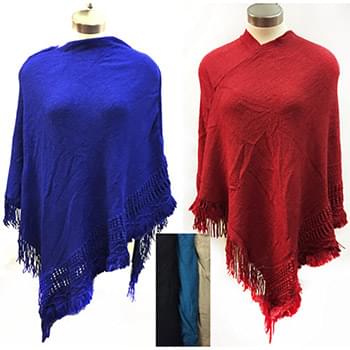 Wholesale Knit Poncho Shawl Solid Color with Fringes