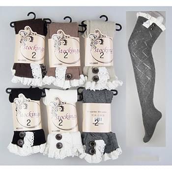 Wholesale Long Stocking with Lace Trim & Buttons Assorted