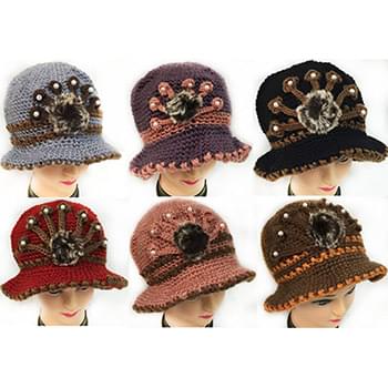 Wholesale Knitted Winter Lady Hats with Fur Ball Design