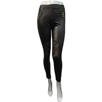 Wholesale Faux Leather Legging with Pockets and Zippers Flower