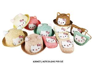 Wholesale kids Straw Sun Hat and Purse A Set with Kitty Design