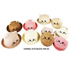 Wholesale kids Straw Sun Hat and Purse A Set with lovely kitten design