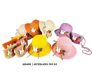 kids Straw Sun Hat and Purse A Set with Bunny and Carrot decor