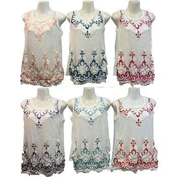 Wholesale Satin Victorian Embroidery Sleeveless Shirt Assorted 640710