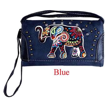 Wholesale Rhinestone Wallet Purse with Elephant Embroidery Blue