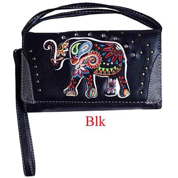 Wholesale Rhinestone Wallet Purse with Elephant Embroidery Black