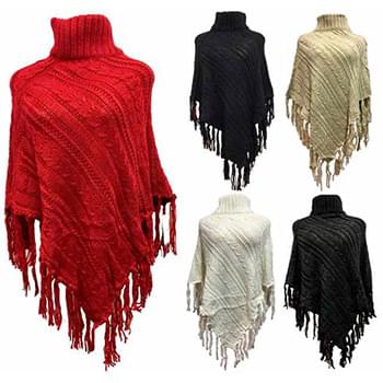 Wholesale Knitted Poncho Solid Color with Fringe