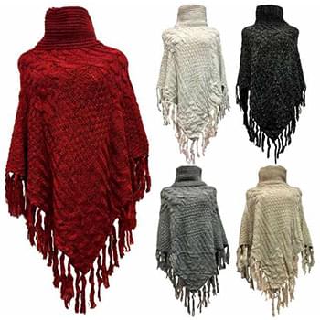 Wholesale Knitted Poncho Solid Color with Fringes