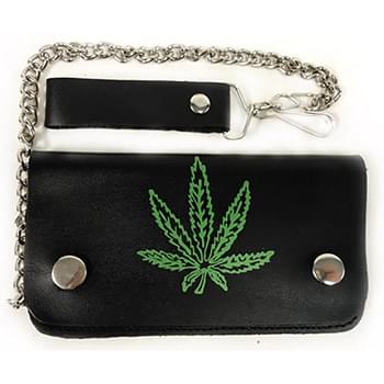 Wholesale Green Marijuana Leaf Leather Biker wallet with chain