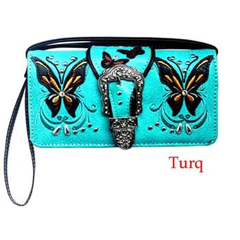 Wholesale Rhinestone Buckle Butterfly Design Wallet Purse Turq