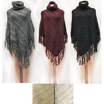 Wholesale Cable Knitted Turtle Neck Ponchos Assorted colored