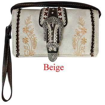 Wholesale Buckle Wallet Purse with Embroideries Beige