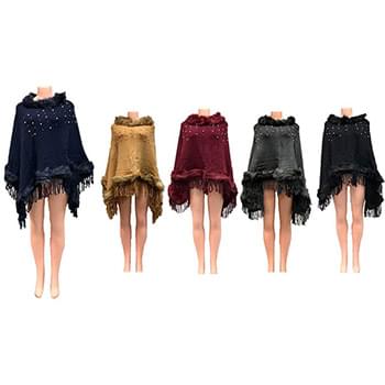 Wholesale Solid Color Faux Fur Ponchos with pearl beaded Assorted