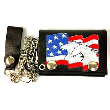 Wholesale Horses on USA Flag Tri-fold Leather Chain Wallet