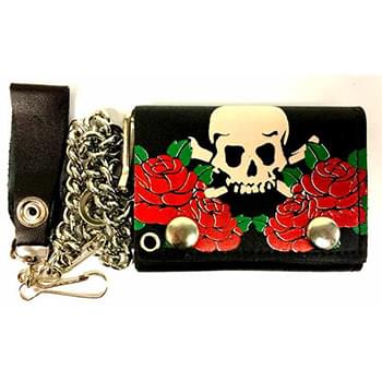Wholesale Tri-fold leather wallet with Skull crossbone red roses