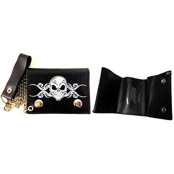 Wholesale Tri-fold Leather Chain Wallet with Skull