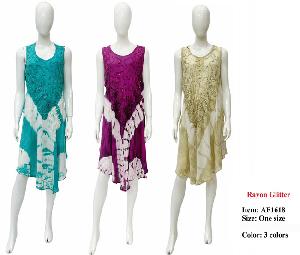 Wholesale Rayon Acid Wash Embroidered Sequins Tie Dye Umbrella Dress 