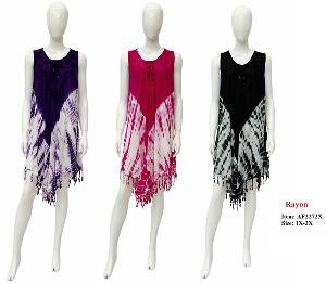 Wholesale Rayon Tie Dye Embroidered with Fringed Umbrella Dress