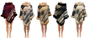 Lady Large Houndstooth Graphic Knitted Poncho with Faux Fur Collar