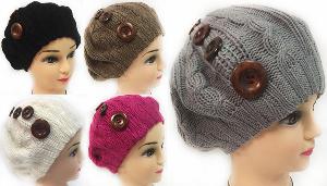 Knitted Lady's Winter Hats with Buttons Assorted