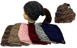Knitted Pony Tail Beanie Plush Lining Winter Hat