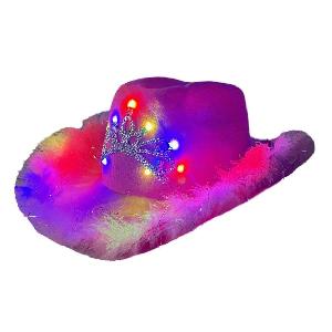 Light-Up Felt Cowboy Hat with Tiara and Feather Edge-PINK