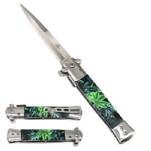 Wholesale 9" Spring Assisted stiletto knife Multicolor Marijuana Leaf Design