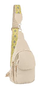 Wholesale Faux Vegan leather Fashion Crossbody Embraided Guitar Strap With Front Flap Pocket Beige
