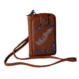 Montana West Embroidered Feather Crossbody Phone Wallet Brown
