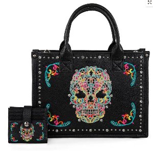 Montana West Embroidered Sugar Skull Concealed Carry Tote/Crossbody Wallet Set - Black-Multi