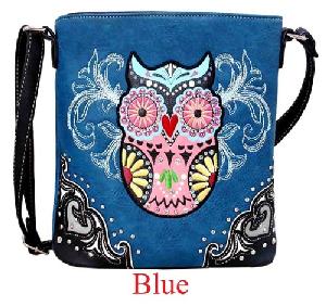 Wholesale Western Cross Body Sling Purse with Colorful Owl Blue