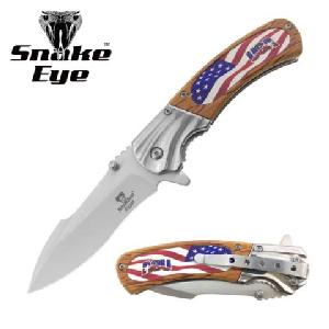 8'' Snake Eye Tactical Spring-Assisted Knife With Wood Handle - Wavy USA Flag