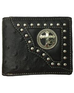 Black Ostrich Studded Bi-Fold Wallet With Cross - Black